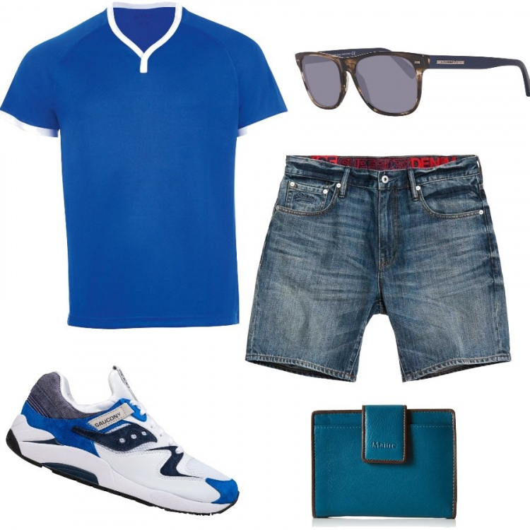 Outfit uomo - Colazione al bar. Stile Urban per Tutti i giorni. Abbinamento con t-shirt, pantalone corto, portamonete, scarpa sportiva, occhiali da sole.