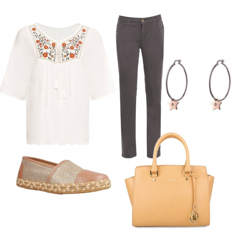Outfit donna - Blusa bianca con i fiori. Stile Bon Ton per Tutti i giorni. Abbinamento con tuniche, orecchini, espadrillas, borsa a mano, jeans.