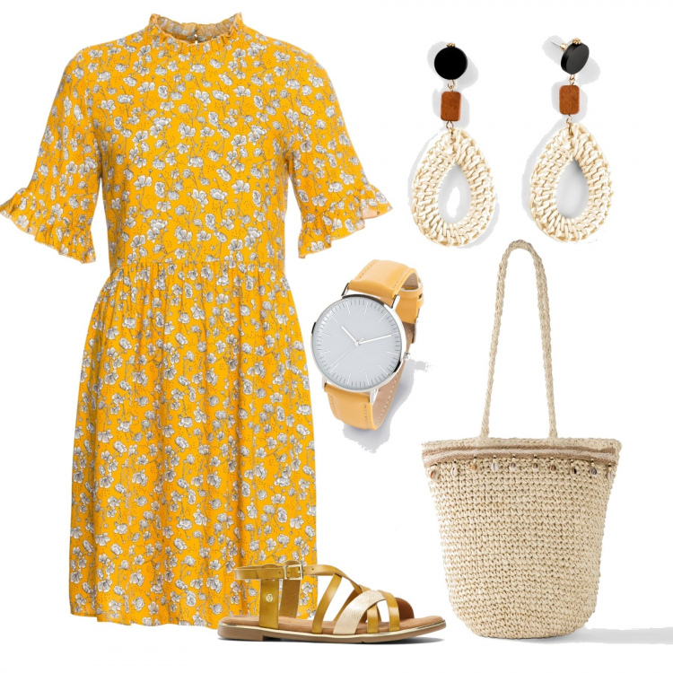 Outfit donna - Paglia e fiorellini. Stile Trendy per Tutti i giorni. Abbinamento con bermuda, shorts, borse a mano, orecchini, orologi.