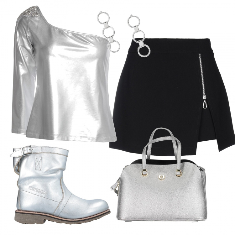 Outfit donna - Argento vivo. Stile Trendy per Serata fuori. Abbinamento con stivaletti, minigonna, top, orecchini, borsa a tracolla.