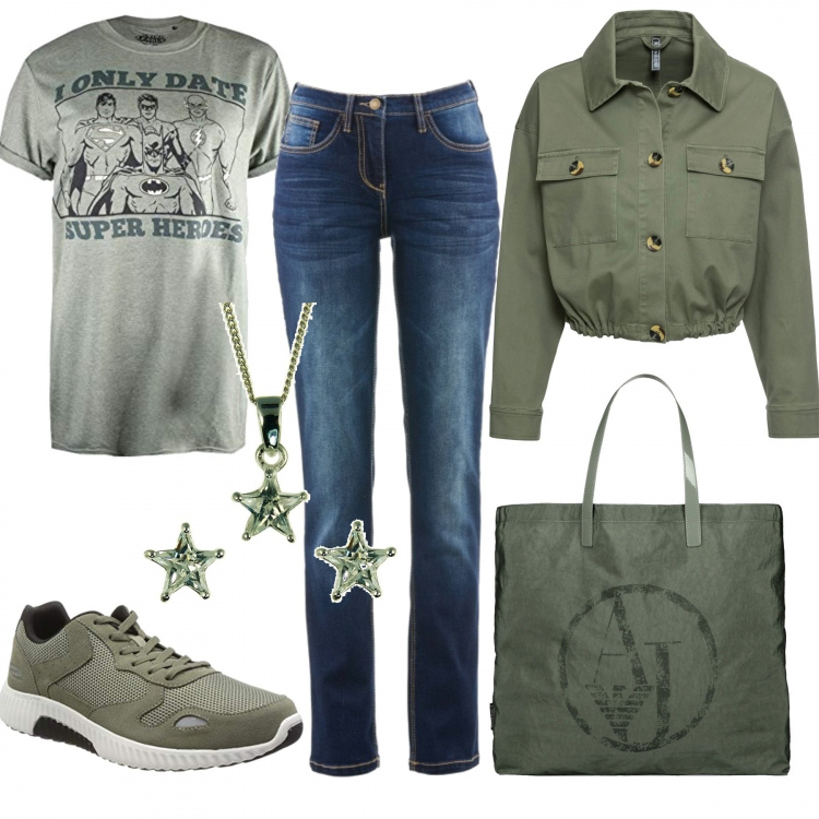 Outfit donna - Per me solo supereroi, grazie!. Stile Urban per Tutti i giorni. Abbinamento con jeans dritti, blazer, borse a mano, sneakers, t-shirt, ciondoli.