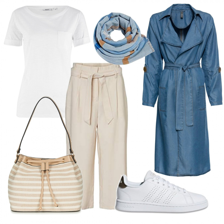 Outfit donna - Trench e pantalone culotte. Stile Trendy per Tutti i giorni. Abbinamento con t-shirt, maglieria, sneakers, borsa a spalla, pantaloni culotte, sciarpe.