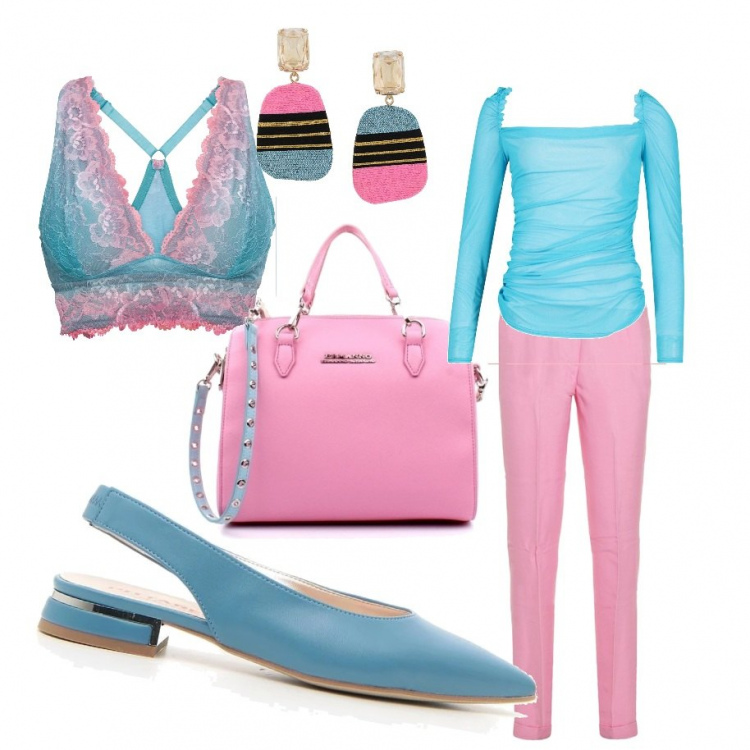 Outfit donna - Osare rosa e azzurro. Stile Basic per Scuola/Università. Abbinamento con reggiseni, top, borse a mano, orecchini, sandali, pantaloni.