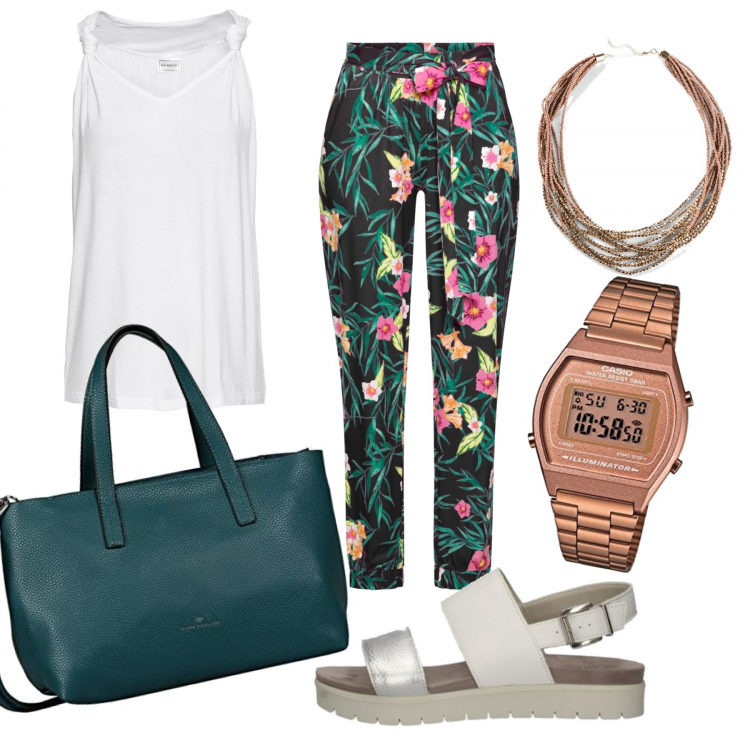 Outfit donna - Summertime. Stile Urban per Tutti i giorni. Abbinamento con pantaloni, top, collane, sandali, borse tote, orologi digitali.