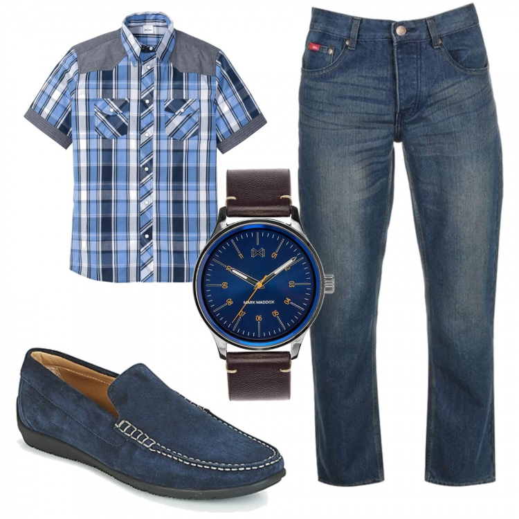 Outfit uomo - Urban #5844. Stile Urban per Tutti i giorni. Abbinamento con camicie a manica corta, scarpe stringate, jeans, orologi.