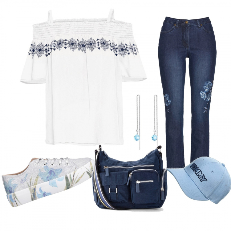 Outfit femme - La vie en bleu. Style Tendance pour Tous les jours. Assortir avec chemises, sacs en bandoulière, sneakers, chapeaux avec visière, boucles d'oreilles.