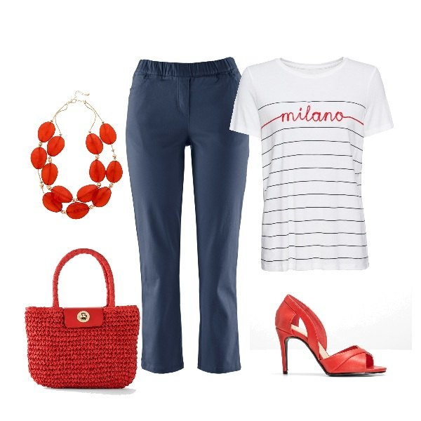 Outfit donna - Casual glam con Bonprix. Stile Trendy per Tutti i giorni. Abbinamento con pantaloni, décolleté, pullovers, borse a mano, collane.