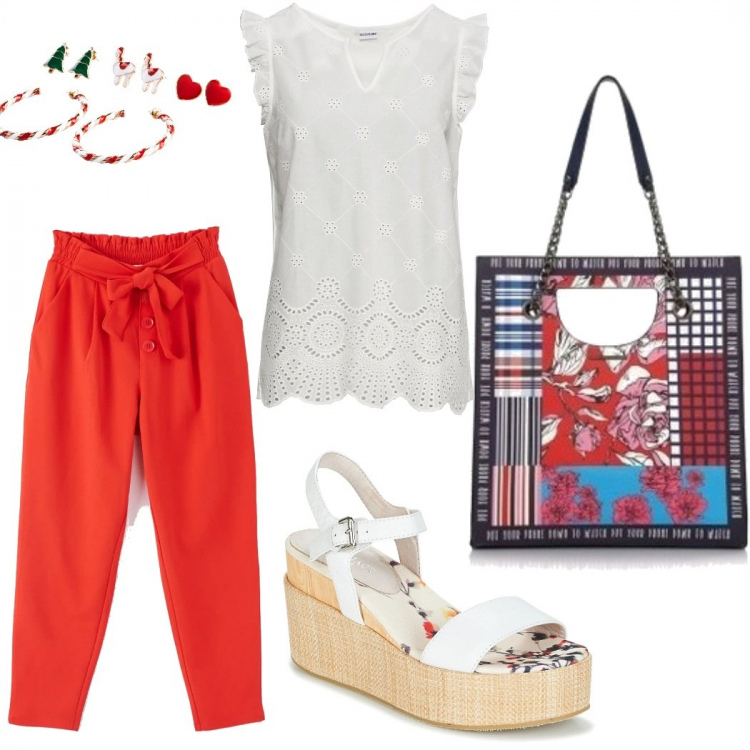 Outfit donna - Basic #21704. Stile Basic per Tutti i giorni. Abbinamento con costumi interi, top, pantaloni, sandali, borsa a mano.