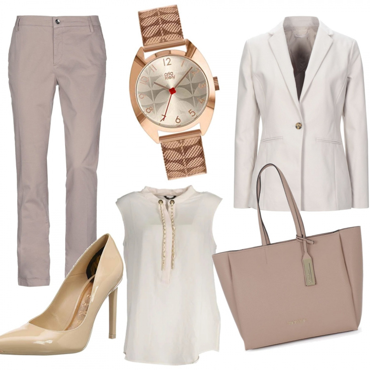 Outfit donna - La vie en rose. Stile Bon Ton per Ufficio. Abbinamento con pantaloni, blazer, shopping bag, camicie, orologio analogico, scarpe col tacco.