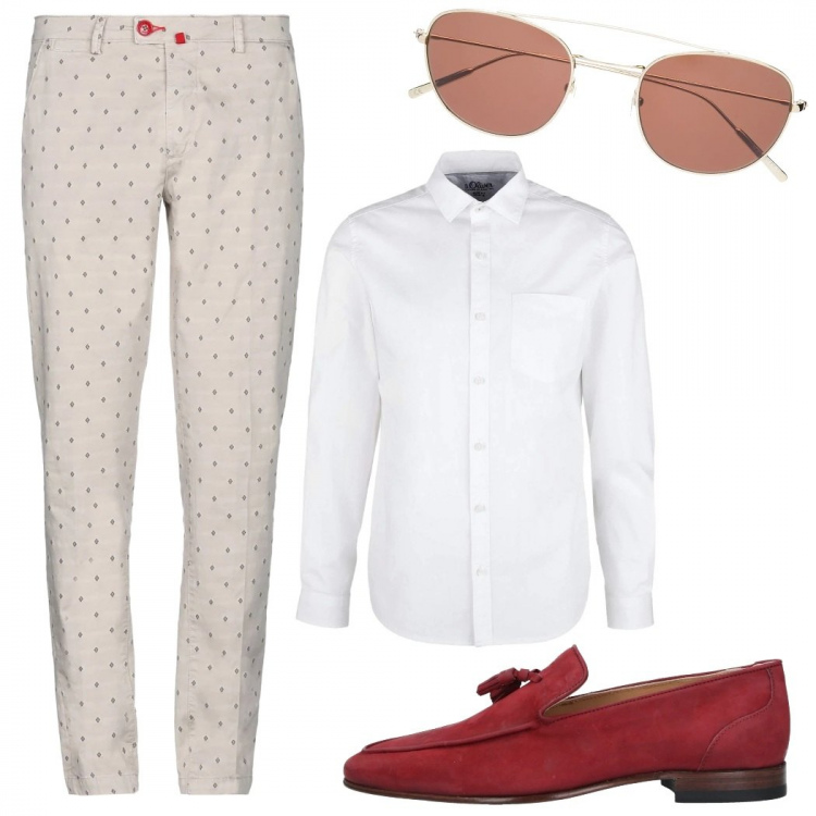 Outfit uomo - Bohémien. Stile Trendy per Tutti i giorni. Abbinamento con pantalone chino, mocassini, occhiali da sole, camicia.
