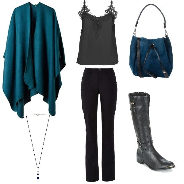 Outfit donna - Trendy #2786. Stile Trendy per Tutti i giorni. Abbinamento con pantaloni, borsa a tracolla mini, poncio taglia unica verde.