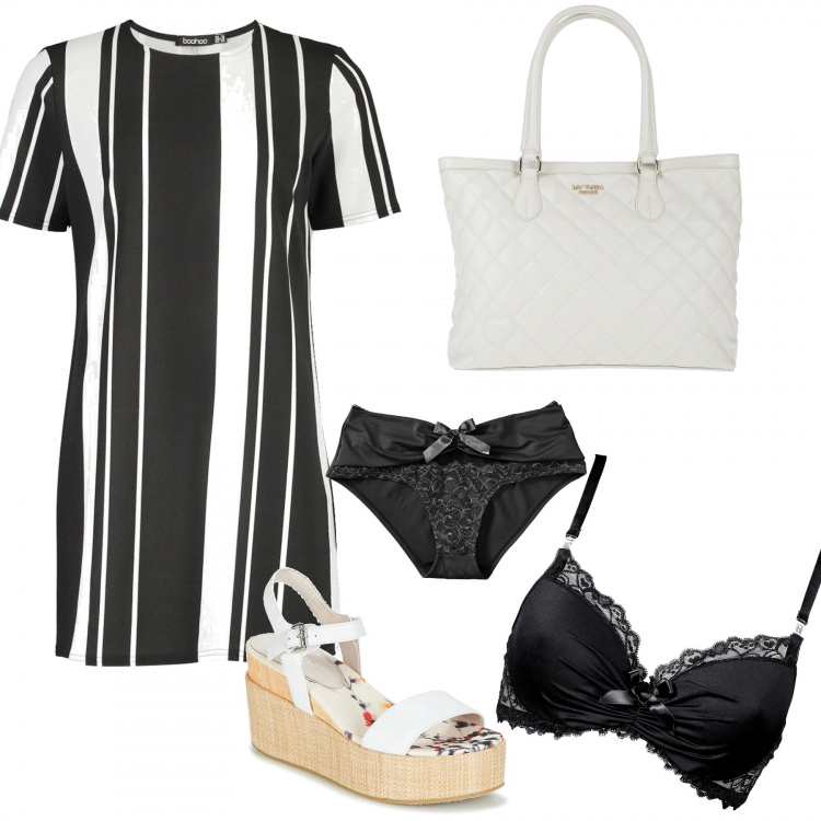 Outfit donna - Curvy style: vestitino a righe. Stile Trendy per Serata fuori. Abbinamento con borse a mano, reggiseni, slip, vestiti, sandali.