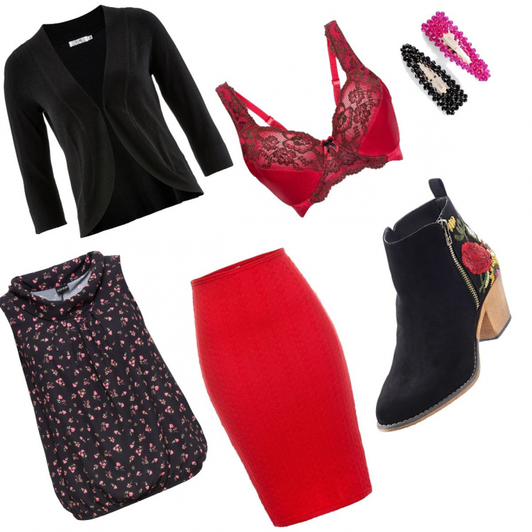 Outfit donna - Ufficio con passione. Stile Basic per Ufficio. Abbinamento con stivaletti, gonne, bluse, bolero, reggiseno, accessori per capelli.
