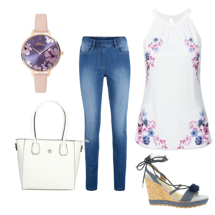 Outfit donna - Fiori per te curvy. Stile Bon Ton per Tutti i giorni. Abbinamento con jeggings, top, shopping bag, orologi analogici, sandali.