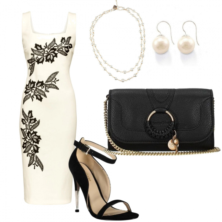 Outfit donna - Chic e raffinata. Stile Chic per Cerimonia. Abbinamento con vestiti corti, collane, pochette, sandali, orecchini.