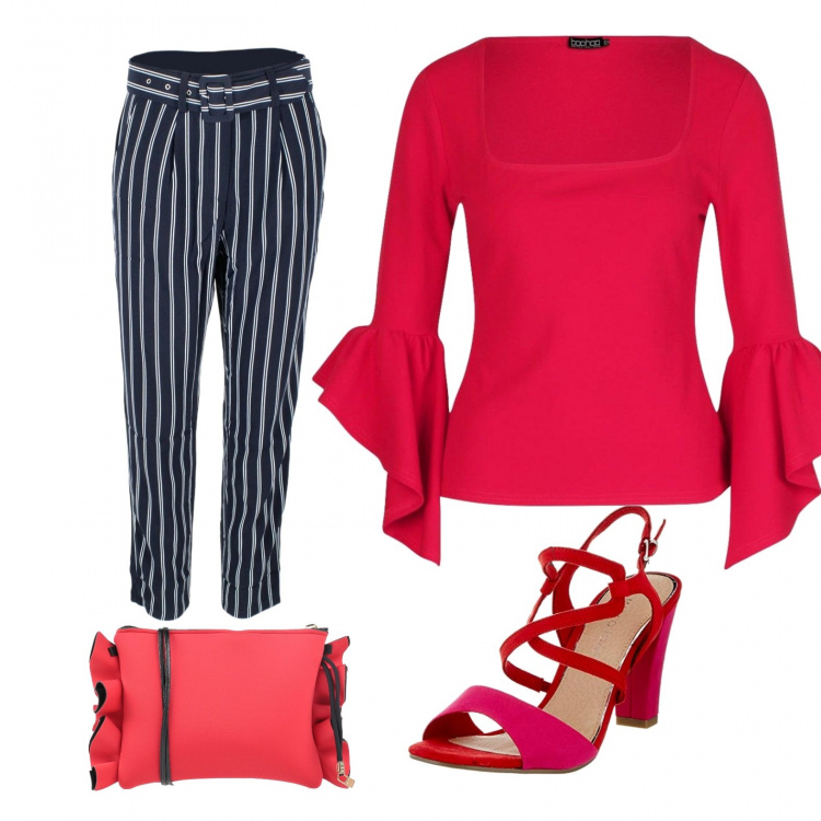 Outfit donna - Chic di lunedì. Stile Sexy per Ufficio. Abbinamento con borse a mano, top, pantaloni, sandali.