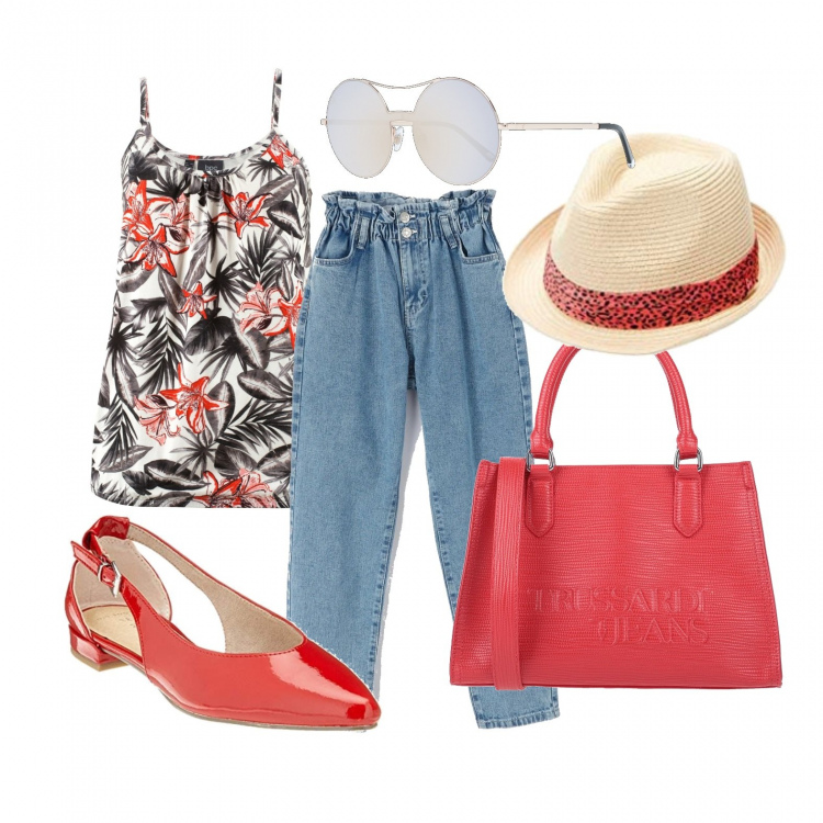 Outfit donna - Jeans e top. Stile Basic per Tutti i giorni. Abbinamento con top, borse a mano, jeans, ballerine, cappelli, occhiali da sole.