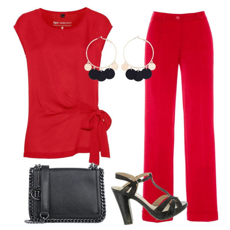 Outfit donna - A me gli occhi. Stile Chic per Serata fuori. Abbinamento con pantaloni, blusa, orecchini, borsa a tracolla, sandali.
