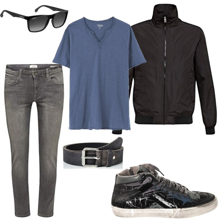 Outfit hombre - Walking On The Street. Estilo Urban para Todos los días. Combinación con chaqueta, gafas de sol, vaqueros, cinturón, zapatos deportivos, camiseta.