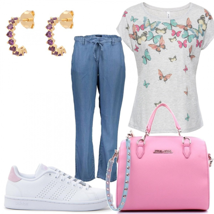 Outfit donna - Casual. Stile Urban per Tutti i giorni. Abbinamento con orecchini, maglieria, borse a mano, pantaloni, sneakers.