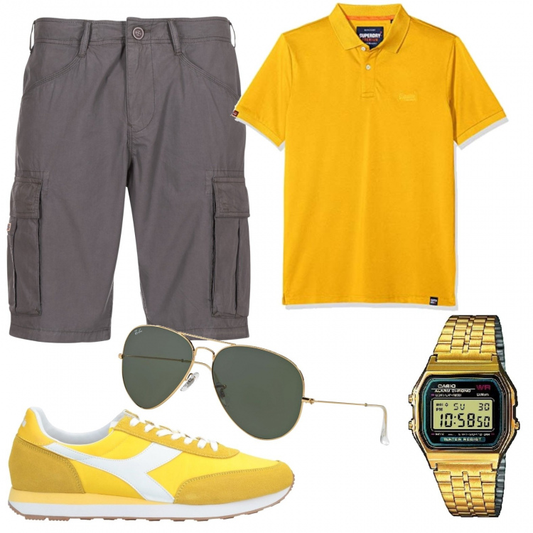 Outfit uomo - Polo gialla. Stile Casual per Tutti i giorni. Abbinamento con pantalone corto, sneakers, occhiali da sole, polo, orologi digitali.