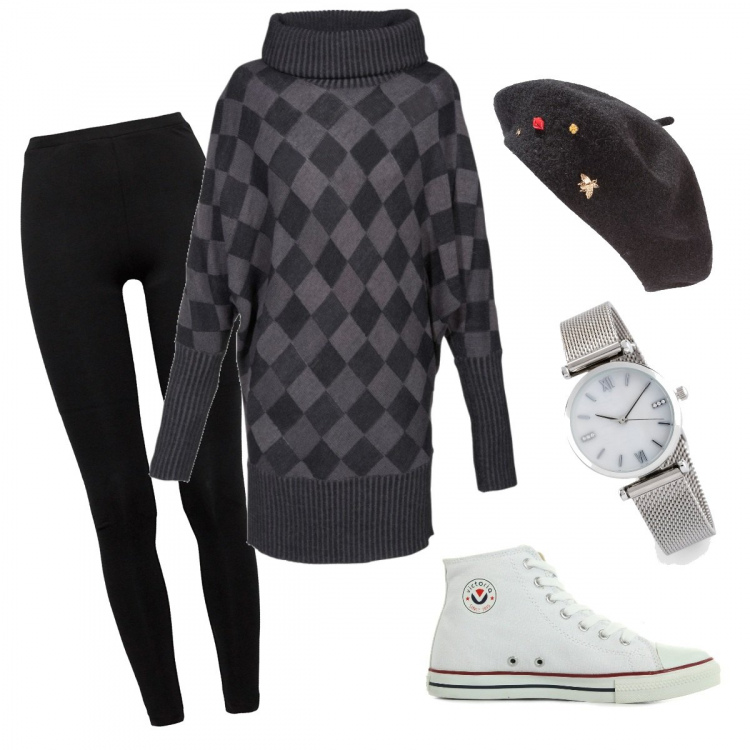 Outfit donna - Caldo, stiloso, unico. Stile Basic per Tutti i giorni. Abbinamento con cappelli e berretti, pullovers, orologio, sneakers, leggings.