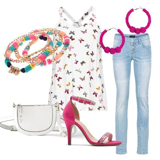 Outfit donna - Trendy con Bonprix. Stile Trendy per Serata fuori. Abbinamento con top, jeans, sandali gioiello, orecchini, borse a tracolla, marsupi.