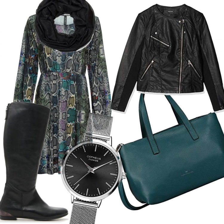 Outfit donna - Rock #3728. Stile Rock per Tutti i giorni. Abbinamento con vestito, borse tote, sciarpa, stivali, orologi analogici, giubbotto.