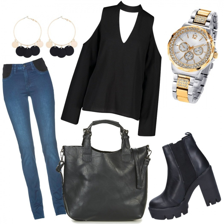 Outfit donna - Trendy in ufficio. Stile Urban per Ufficio. Abbinamento con jeans skinny, orecchini, orologi, top, borsa a mano, stivaletti.