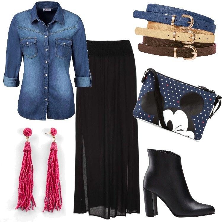 Outfit donna - Camicia di jeans + gonna lunga. Stile Trendy per Ufficio. Abbinamento con gonne lunghe, camicie, cintura, zaini, borse a tracolla, orecchini.