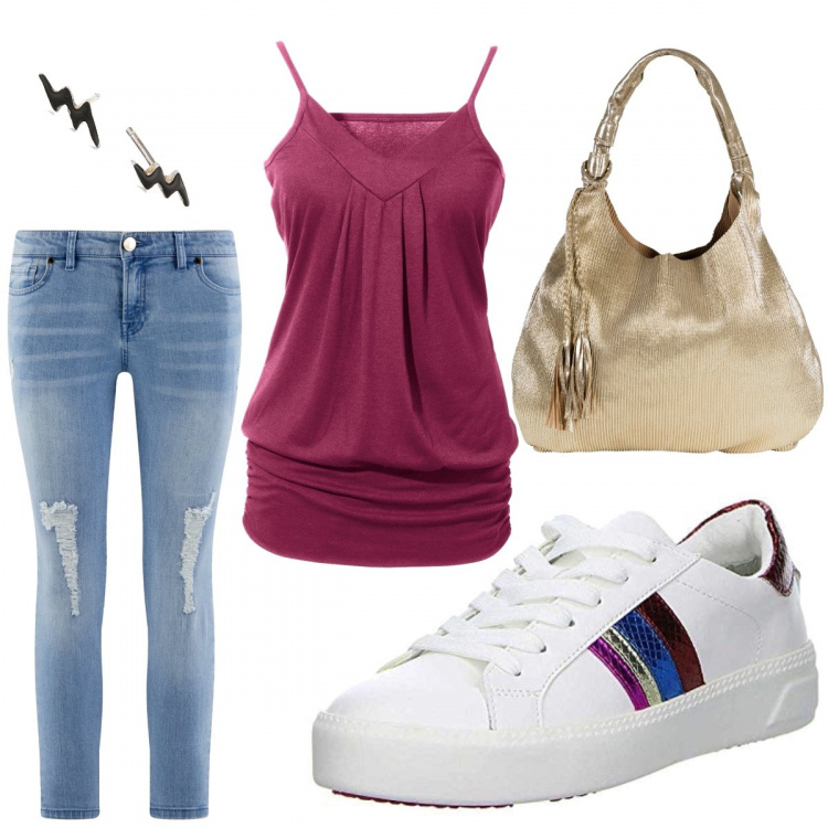 Outfit donna - Basic #21949. Stile Basic per Tutti i giorni. Abbinamento con top, borse a spalla, sneakers, jeans strappati, orecchini.