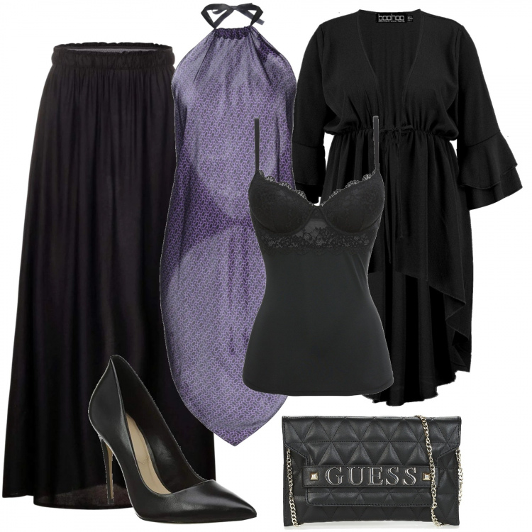 Outfit donna - Curvy Style/Décolleté con tacco. Stile Chic per Serata fuori. Abbinamento con canottiere, top, cardigan, borsa a mano, gonne, scarpe col tacco.