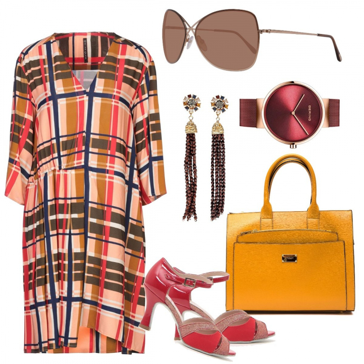 Outfit donna - Primavera in stile vintage. Stile Trendy per Tutti i giorni. Abbinamento con vestiti corti, orecchini, borsa a mano, occhiali da sole, orologi.