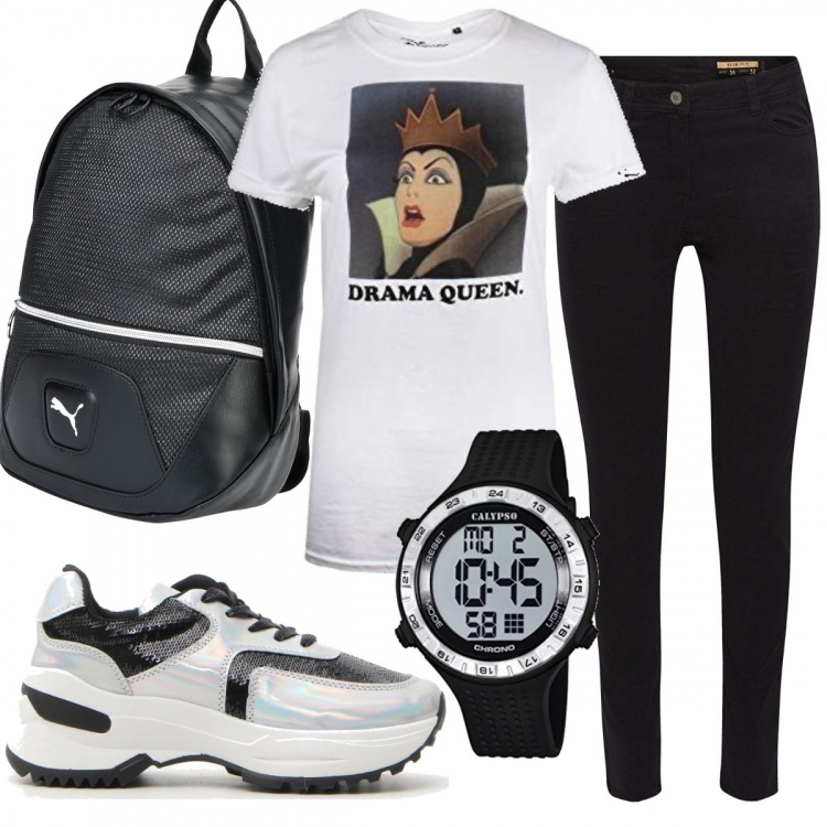 Outfit donna - Sportiva black&white. Stile Urban per Scuola/Università. Abbinamento con zaini, t-shirt, sneakers, pantaloni, orologi digitali.