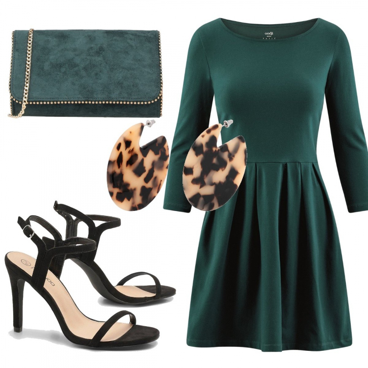 Outfit donna - English green. Stile Trendy per Ufficio. Abbinamento con borsa a mano, orecchini, scarpe col tacco, vestiti.