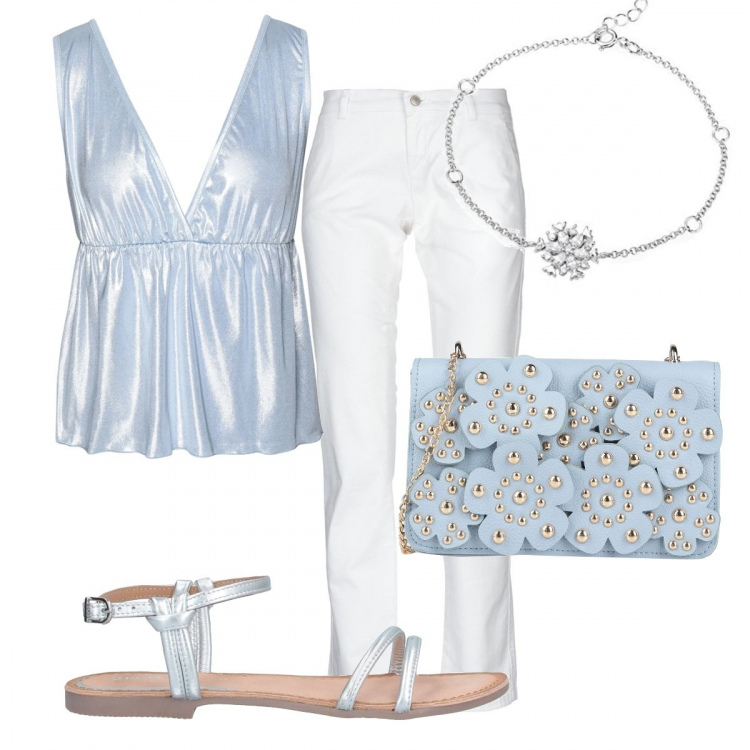Outfit donna - Effetto ice. Stile Trendy per Serata fuori. Abbinamento con pantalone lungo, top, borse a tracolla, sandali, ciondolo.