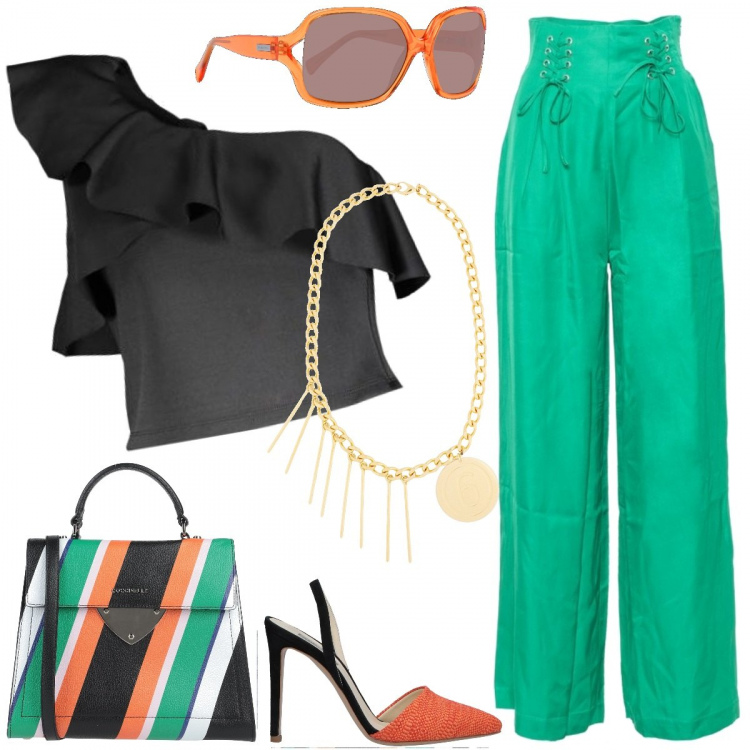 Outfit donna - Shopping di giugno. Stile Trendy per Tutti i giorni. Abbinamento con décolleté, borse a mano, collana, pantalone lungo, top, occhiali da sole.