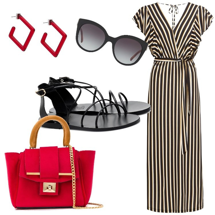 Outfit femme - #22 Chic en rayures. Style Tendance pour Tous les jours. Assortir avec robes longues, sandales, lunettes de soleil et montures pour lunettes de vue, boucles d'oreilles.