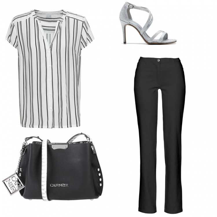 Outfit femme - Total look #582613. Assortir avec pantalon , chemises à manches courtes, sandales à talon, sacs à bandoulière et portés à l'épaule.