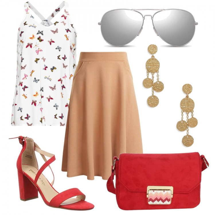 Outfit donna - Vestita di nuovo. Stile Trendy per Tutti i giorni. Abbinamento con top, gonna longuette, orecchini, borse a mano, sandali, occhiali da sole.