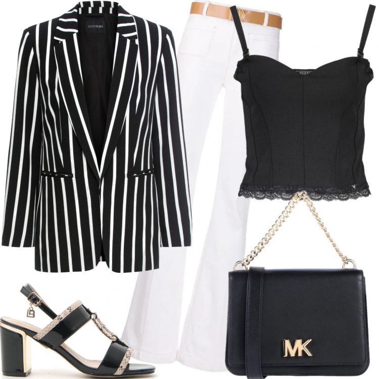 Outfit donna - Chic. Stile Bon Ton per Serata fuori. Abbinamento con blazer, borse a cartella, pantaloni, top, sandali.