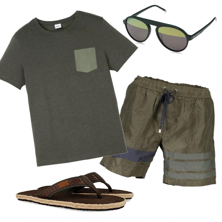 Outfit uomo - Verde intenso. Stile Trendy per Mare. Abbinamento con t-shirt, costumi, sandali, occhiali da sole.