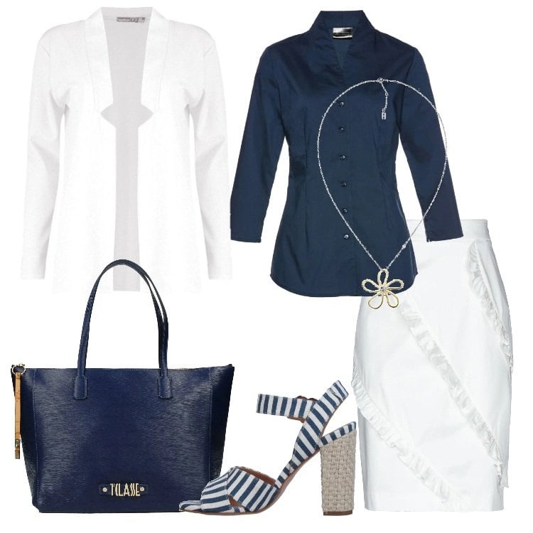 Outfit donna - Bianco e blu. Stile Chic per Ufficio. Abbinamento con gonna longuette, sandali, camicie, blazer, shopping bag, orologio.
