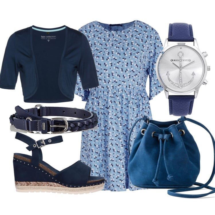 Outfit donna - Bon Ton #16357. Stile Bon Ton per Tutti i giorni. Abbinamento con blazer, borsa a tracolla, orologi, vestiti, sandali con tacco, cintura.