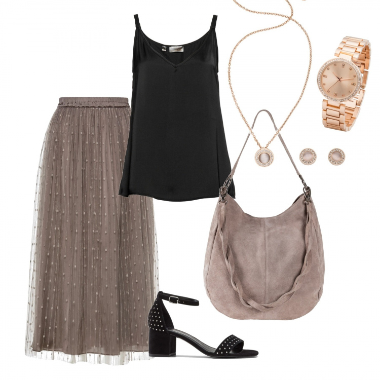 Outfit donna - Pois. Stile Chic per Serata fuori. Abbinamento con borse a mano, gonne lunghe, top, sandali, orecchini.