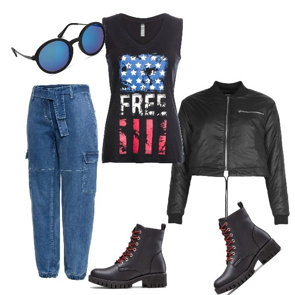 Outfit donna - Ho le prove con la Band. Stile Rock per Tutti i giorni. Abbinamento con shopping bag, top, stivaletti, bomber, occhiali da sole.