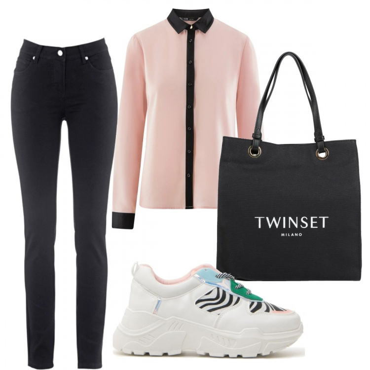 Outfit donna - Jeans neri. Stile Basic per Tutti i giorni. Abbinamento con jeans slim fit, borse a mano, camicie, sneakers.