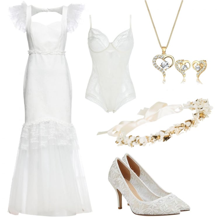 Outfit donna - Joyful Bride #6. Stile Chic per Cerimonia. Abbinamento con body, vestiti asimmetrici, cappelli, scarpe col tacco, collana con ciondolo argento.