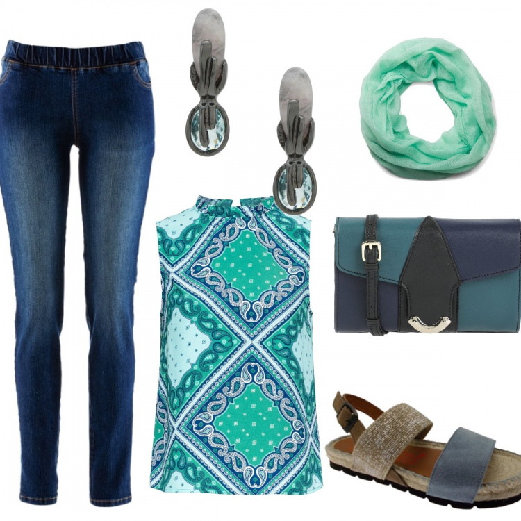 Outfit donna - Un jeans e via. Stile Urban per Ufficio. Abbinamento con treggings, top, borse a spalla, sandali, orecchini, sciarpa.