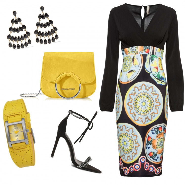 Outfit femme - Dîner ensoleillé. Style Tendance pour Soirée dehors. Assortir avec robes, sacs à l'épaule, sandales, sabots, mules et tongs tendance, boucles d'oreilles.